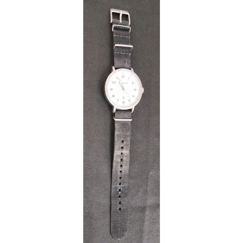 Columbia Silver Tone Analog Mens Watch Round White Face Black Fabric Band #W5172